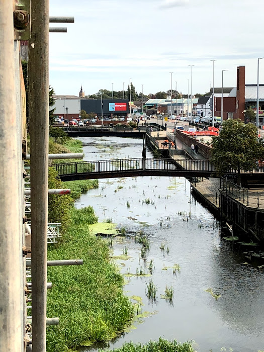 looking down the Freshney and the 2 bridges